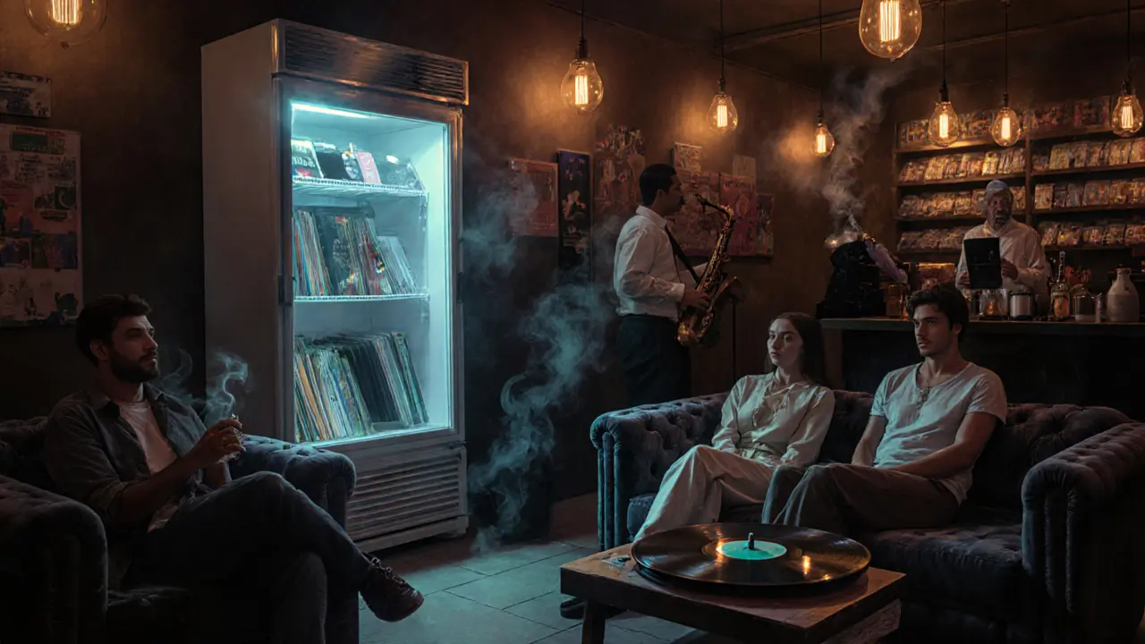 Hidden underground lounge behind a refrigerator door, lit by warm bulbs, with people listening to live jazz in a moody, intimate setting.