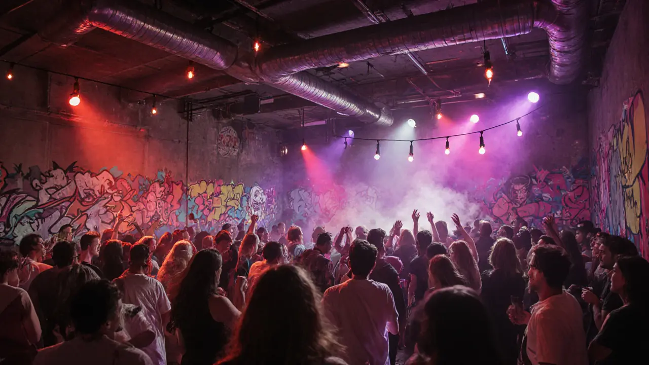 Industrial warehouse club with live graffiti and energetic crowd dancing