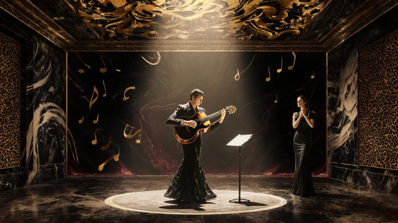 Live flamenco performance on an upper stage at Cavalli Club, with gold decor and guests in elegant attire under spotlight.