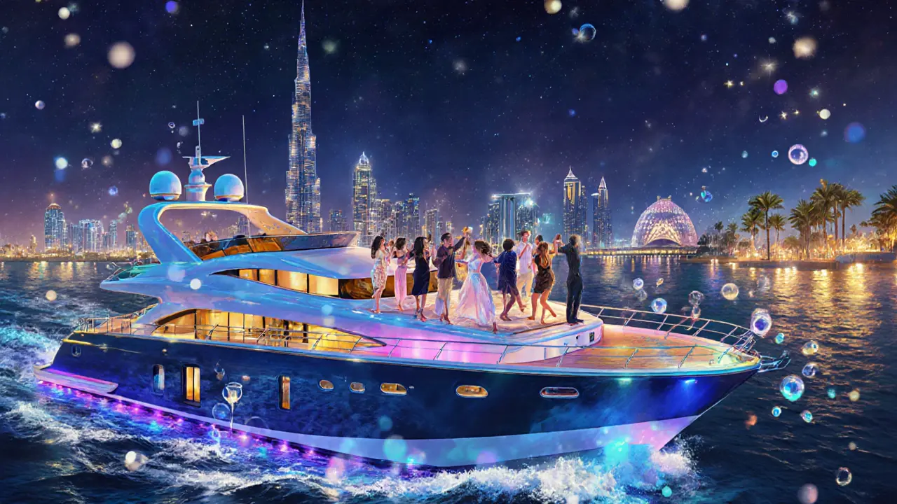 Luxury yacht party on Dubai Marina at midnight, guests dancing under stars with city lights in the background.