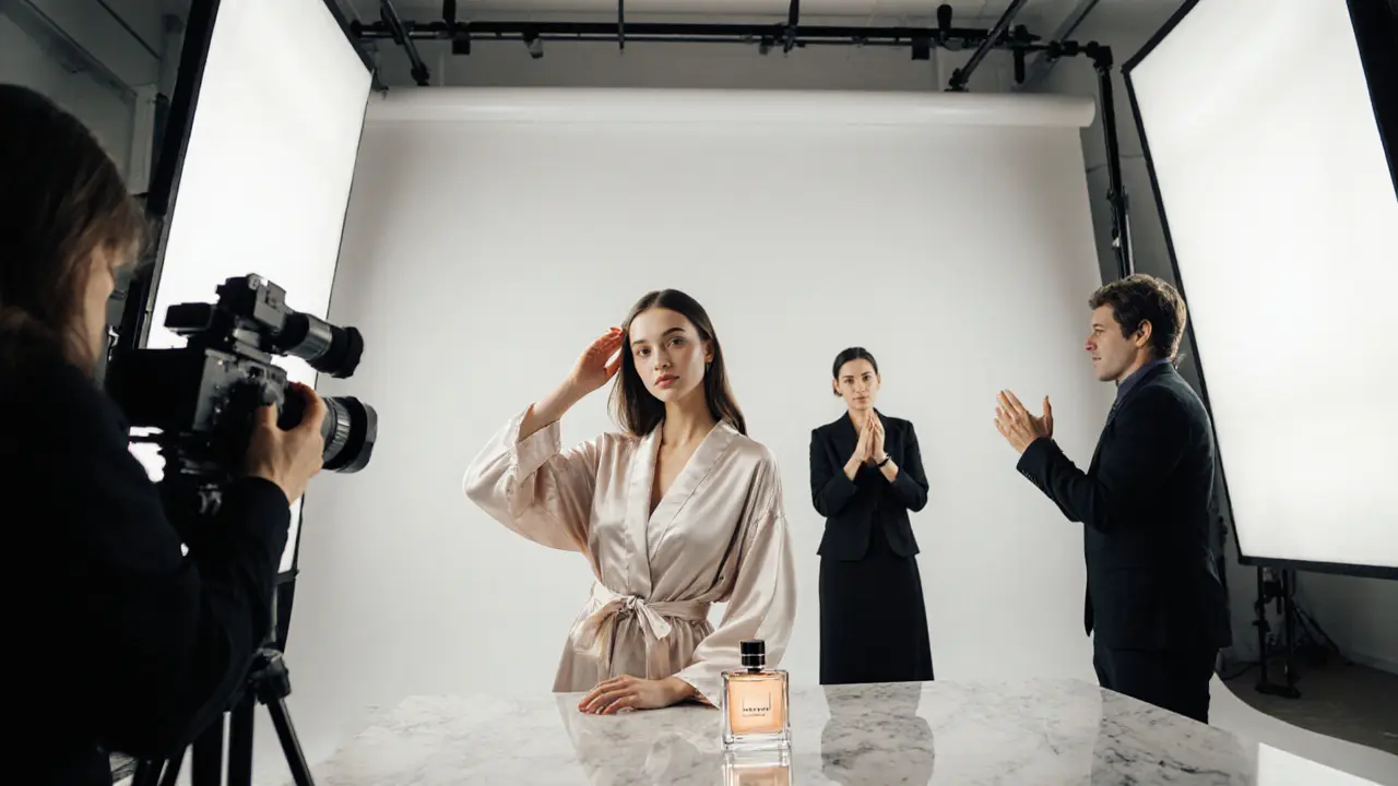 Model posing for a perfume commercial in a studio with makeup artist and director nearby.