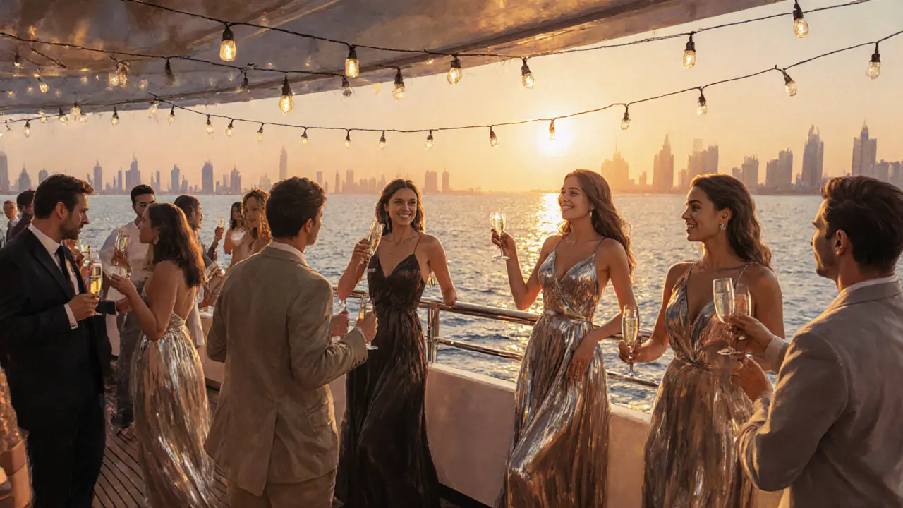 Models mingle on a luxury yacht at sunset with city lights glowing in the distance.
