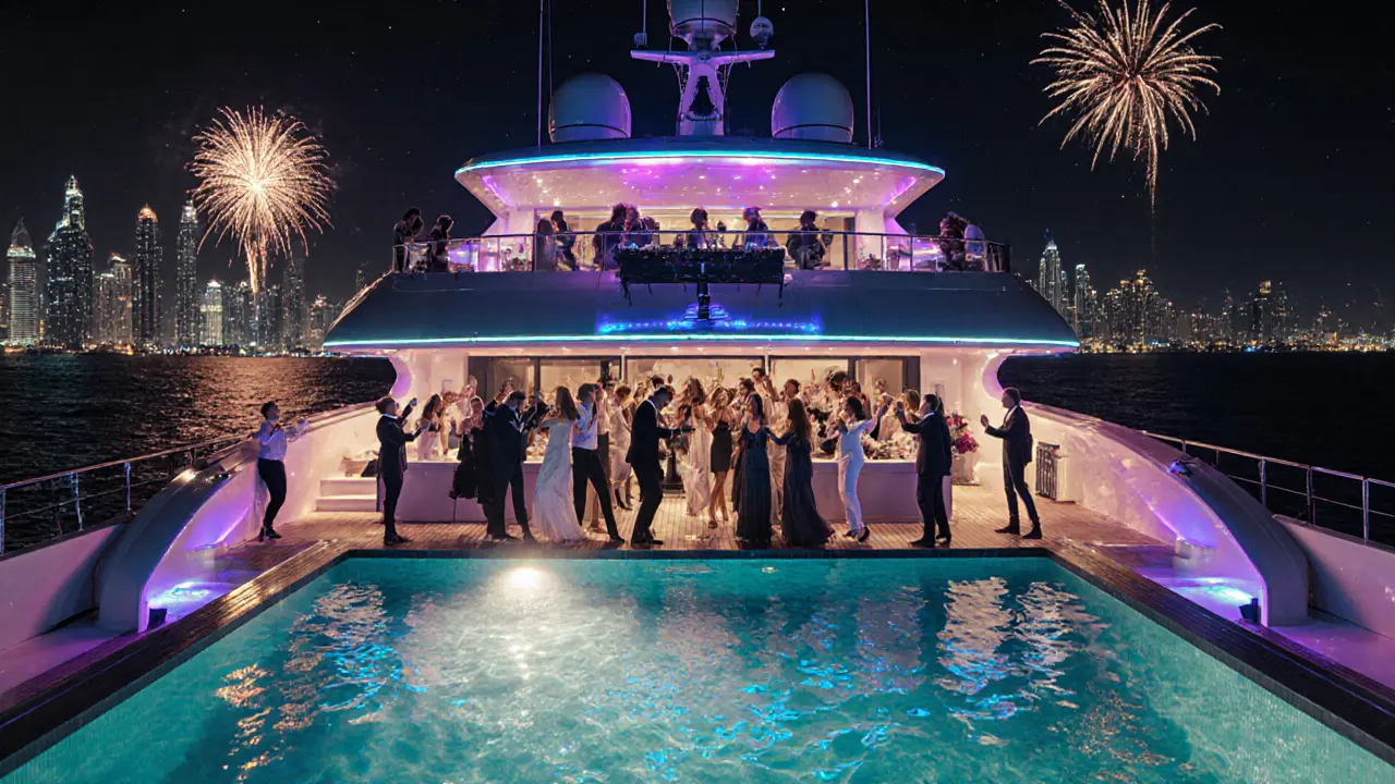 Nighttime yacht party with fireworks, DJ, and dancing guests under neon lights on the Persian Gulf.