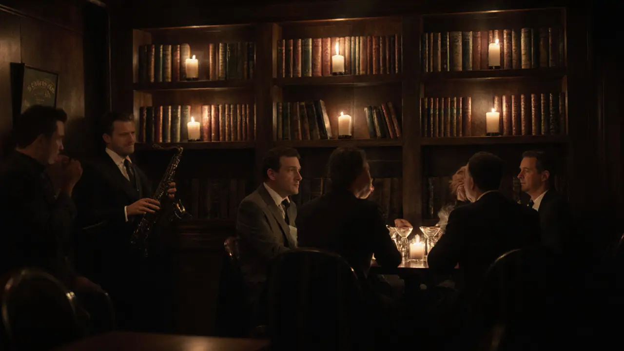 Patrons in a hidden speakeasy bar with bookshelves and candlelight, listening to jazz.