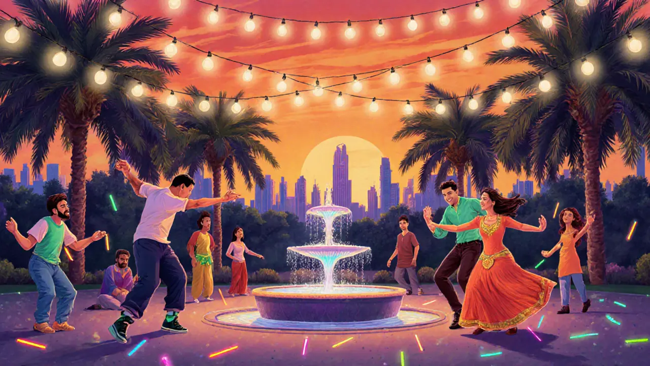 People dancing in a park circle at Al Safa Park—breakdancers, salsa couples, and Bollywood movers under string lights.