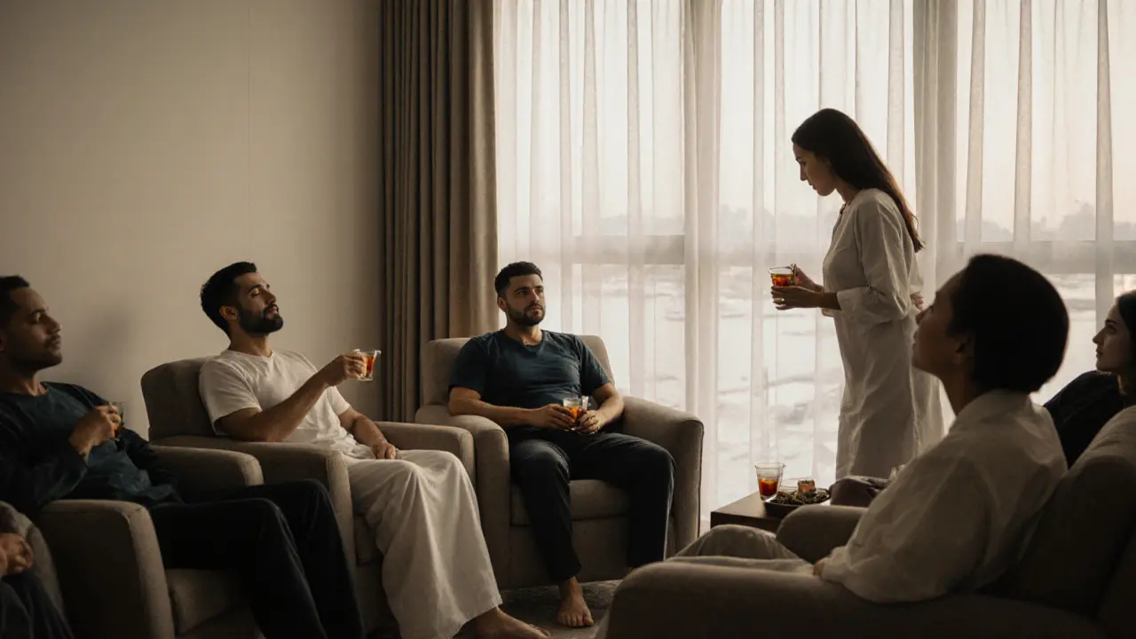 People relaxing after a massage in a calm wellness studio, sipping tea and enjoying quiet moments of renewal.