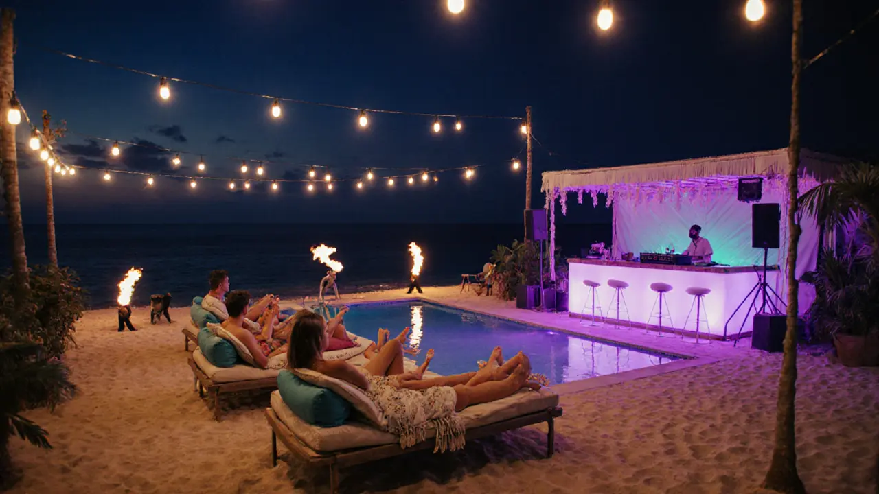 People relaxing at a beach club at twilight with fire dancers and ocean views under string lights.