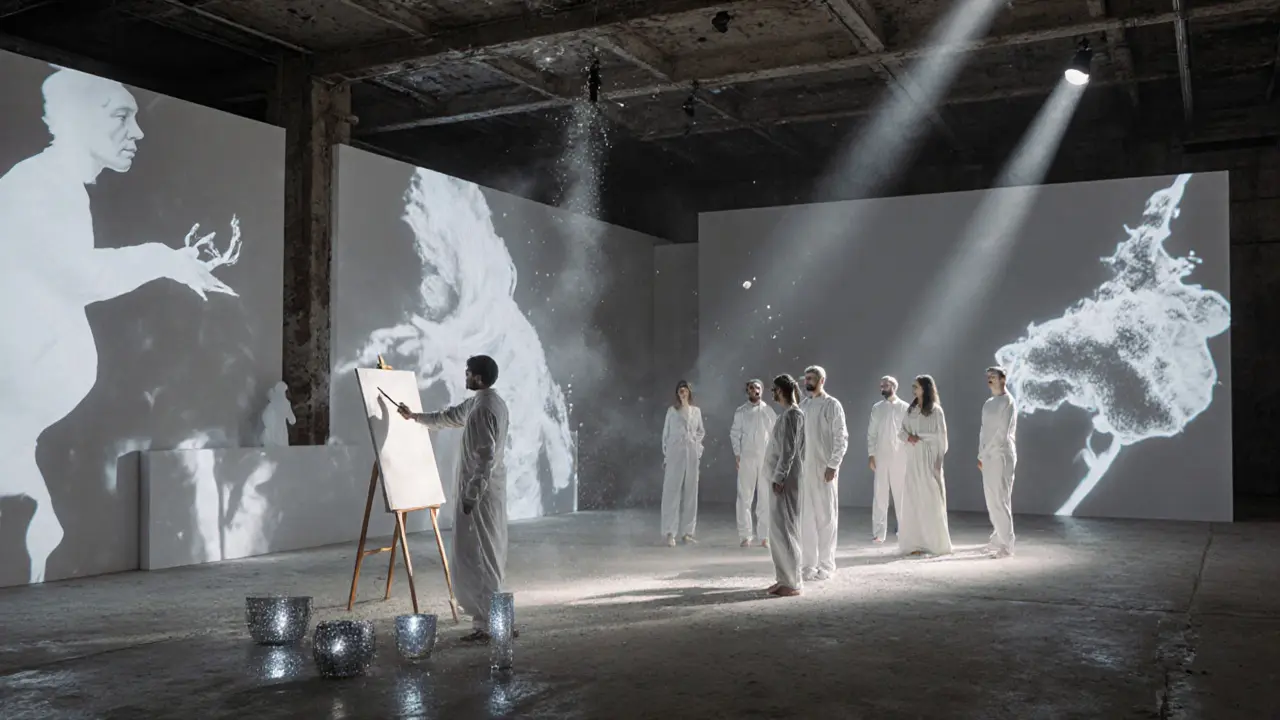 People stand still in a warehouse filled with projection-mapped white sculptures, bathed in ethereal light and ambient sound.