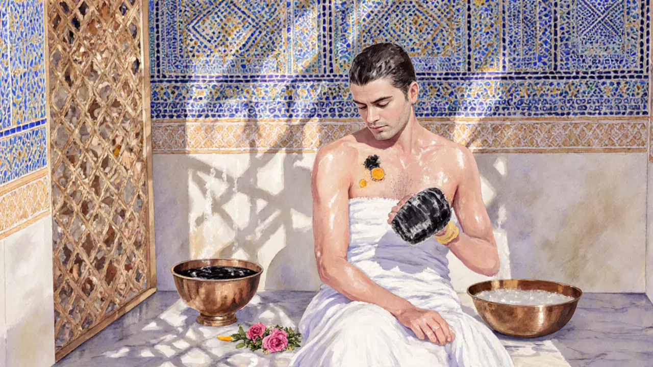 Person undergoing a traditional Arabic hammam ritual with steam, black soap, and copper bowls in a tiled wellness space.