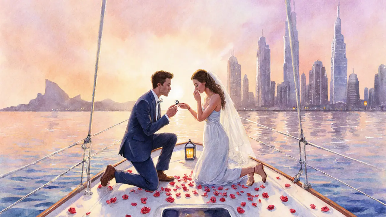 Romantic proposal on a small yacht at golden hour, rose petals on water, Dubai Marina silhouette.
