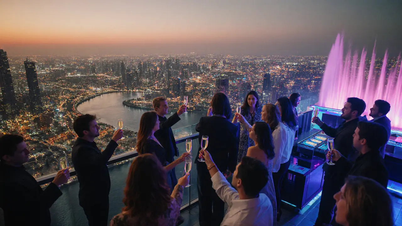 Rooftop birthday party with Burj Khalifa skyline and glass floor views.