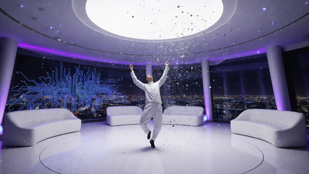 Silhouetted figures immersed in a circular white dance floor under pulsing violet and white lights above Dubai.