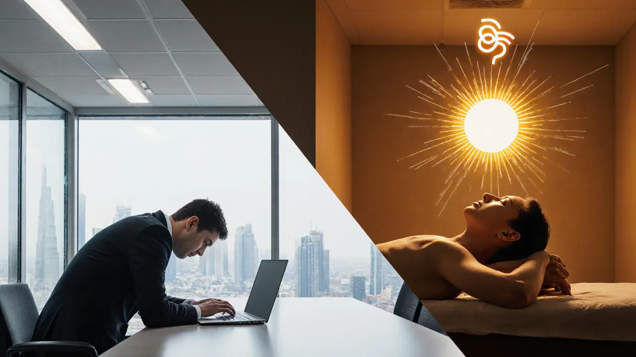 Split image contrasting office stress with serene massage relaxation in Dubai, symbolizing physical and mental renewal.