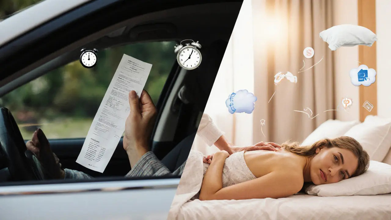 Split image contrasting stressful spa commute with peaceful home massage experience.