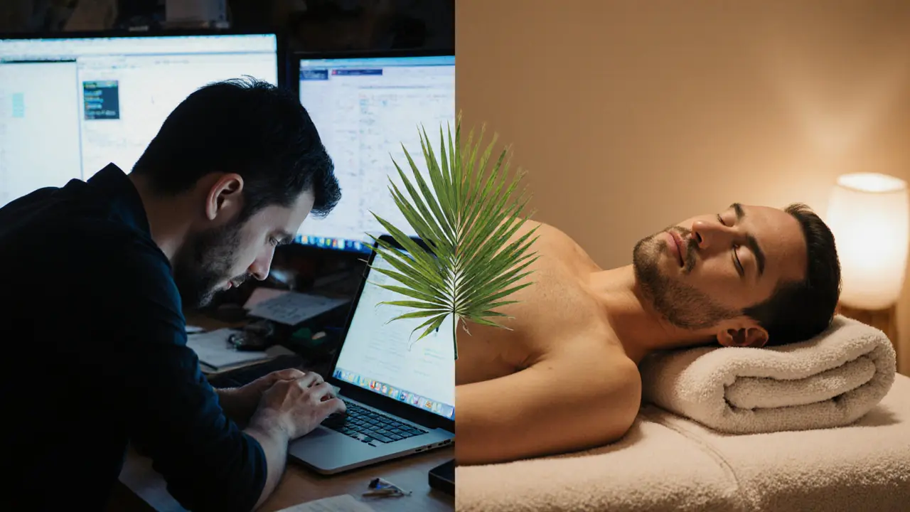 Split image contrasting urban stress with serene home relaxation, showing tension versus calm in a modern apartment.