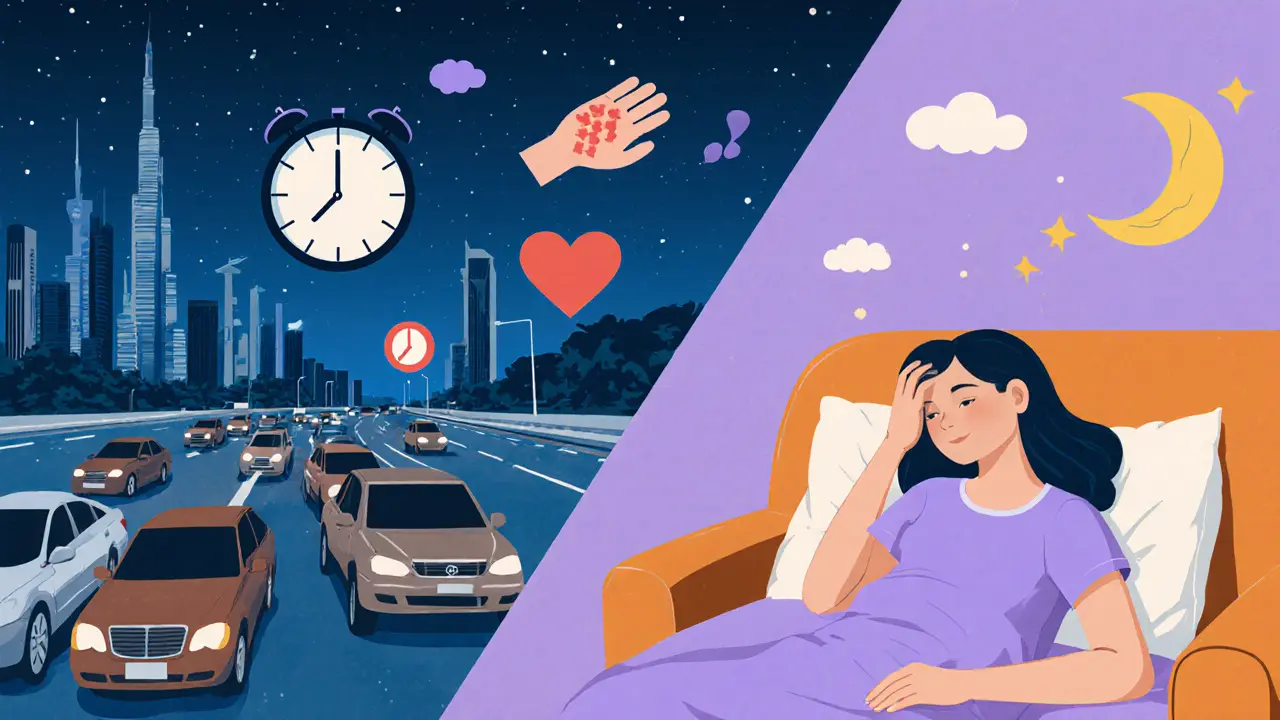 Split image: stressed commuter vs. peaceful person at home, symbolizing relaxation choice.