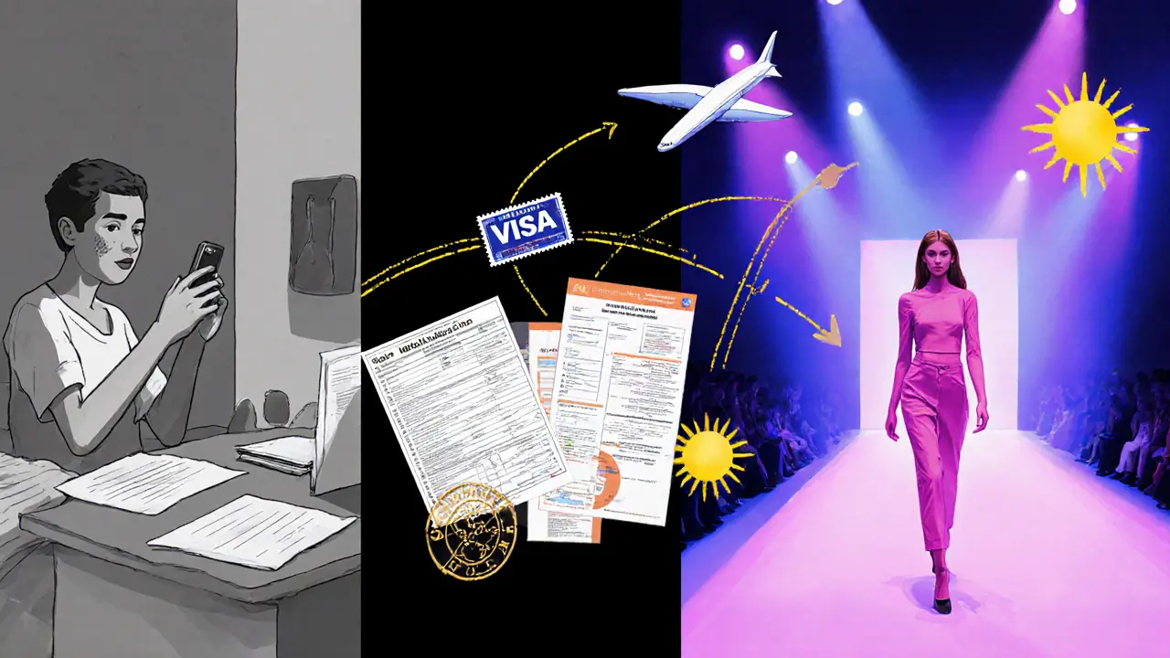 Split visual showing model&#039;s journey from home to Dubai runway under golden lights.