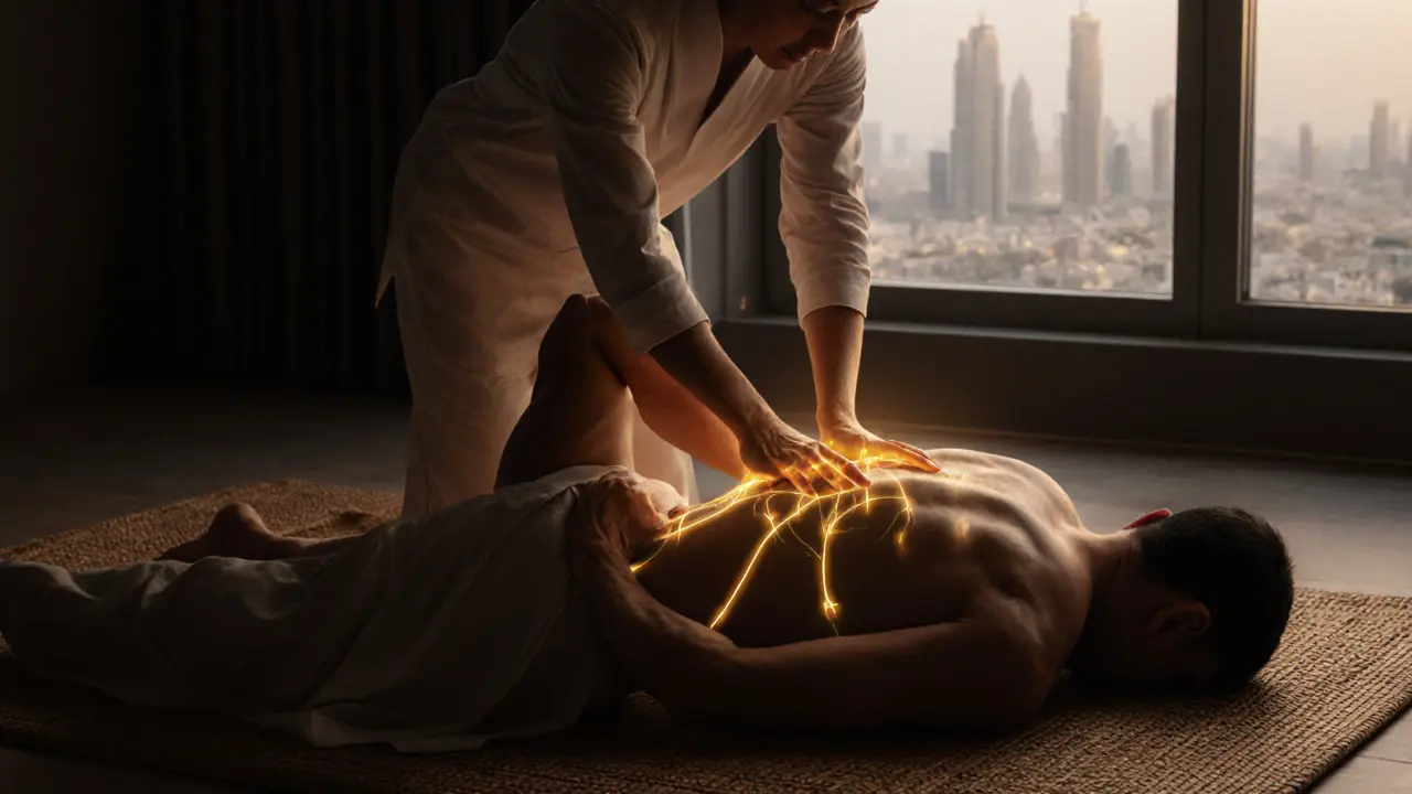 Thai massage therapist using knee and elbow to stretch client&#039;s back, glowing energy lines visible, calm spa setting.