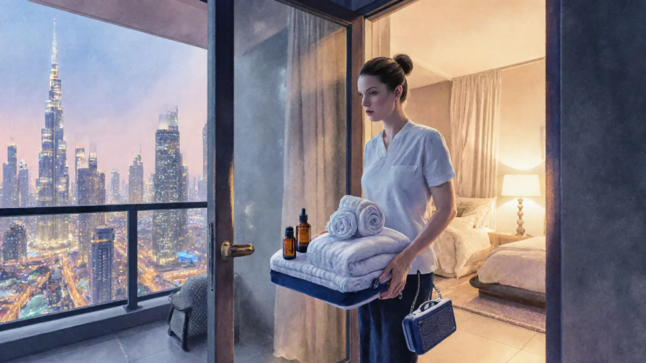 Therapist arriving at a Dubai apartment with massage supplies, city view in background.
