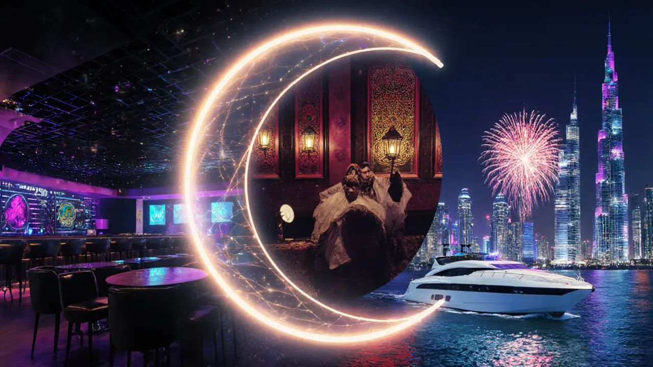 Three scenes of Dubai nightlife: underground club, Arabic poetry bar, and yacht party connected by neon crescent.