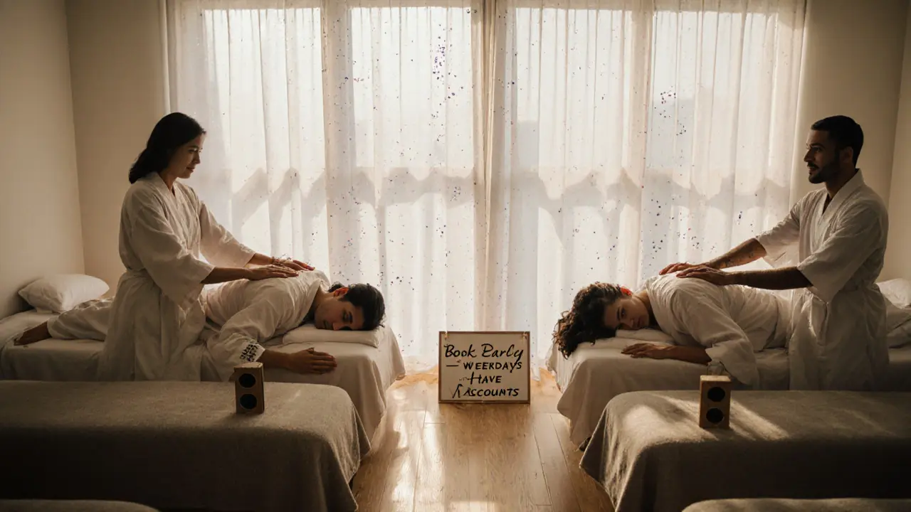 Two people enjoying side-by-side massage sessions in a quiet, minimalist Deira studio with natural sunlight streaming in.