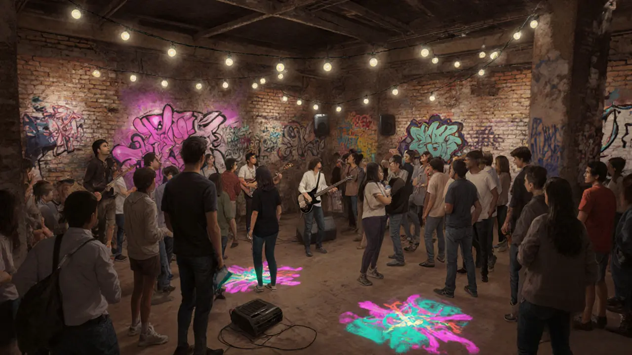 Underground party in Alserkal Avenue with live graffiti, a band performing, and a diverse crowd under string lights and projected art.