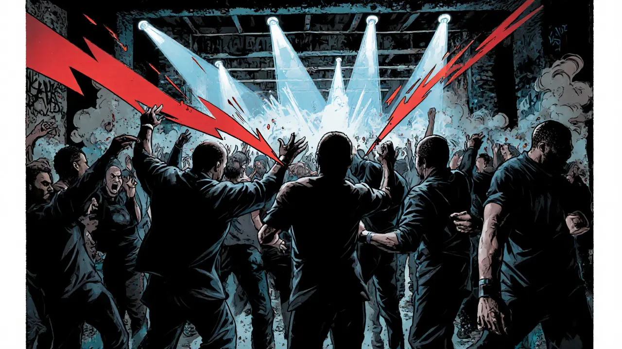 Underground techno party in a smoky basement with intense lighting and energetic dancers.