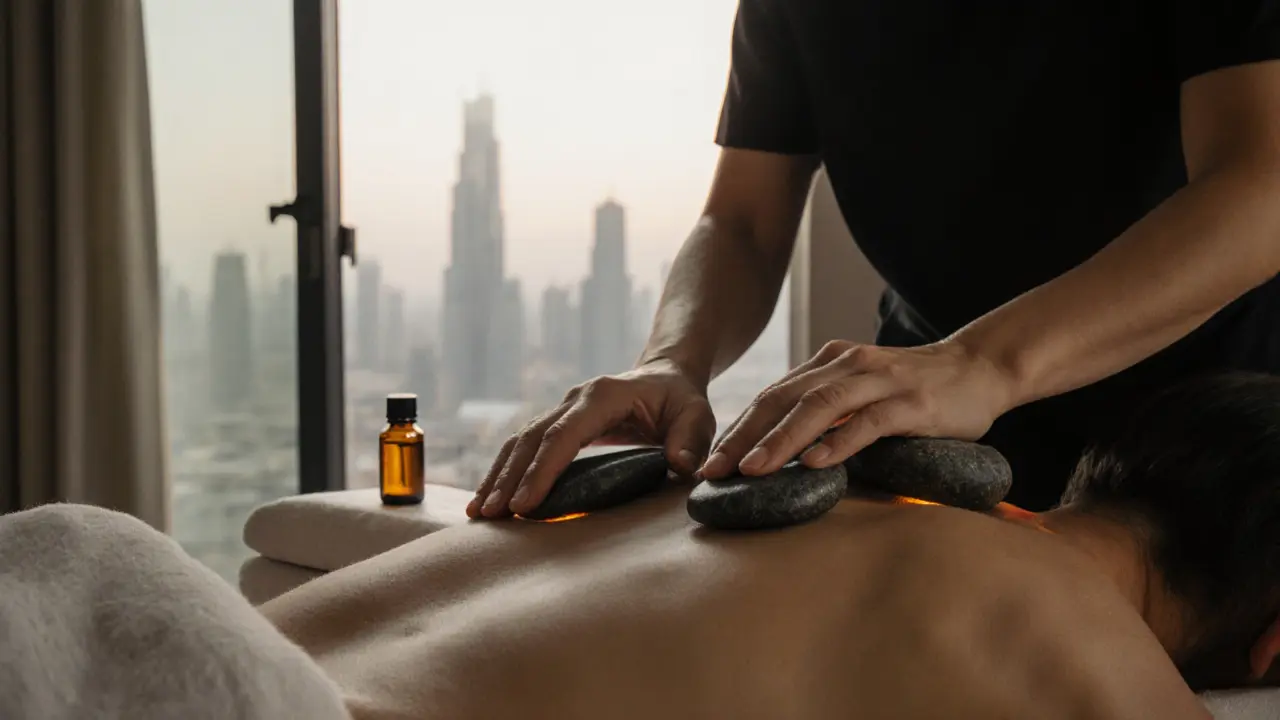 Warm stones being placed on a spine during a hot stone massage at home.
