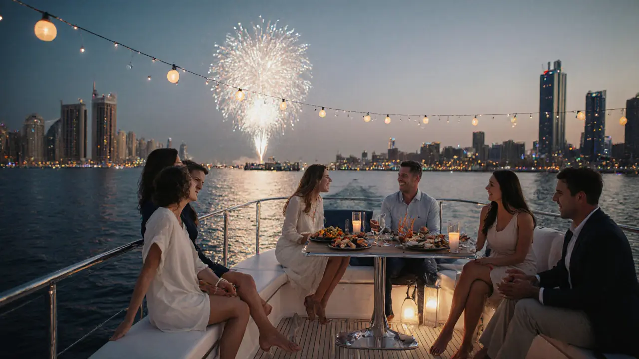 Yacht party on Dubai Marina with fireworks and ocean breeze at dusk.