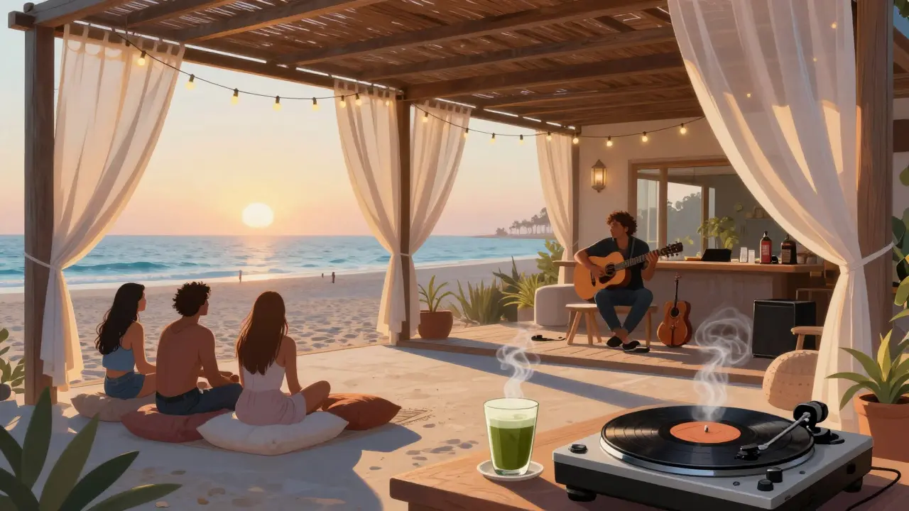 A beachside villa at sunrise with live music, vinyl records, and guests lounging by the ocean.