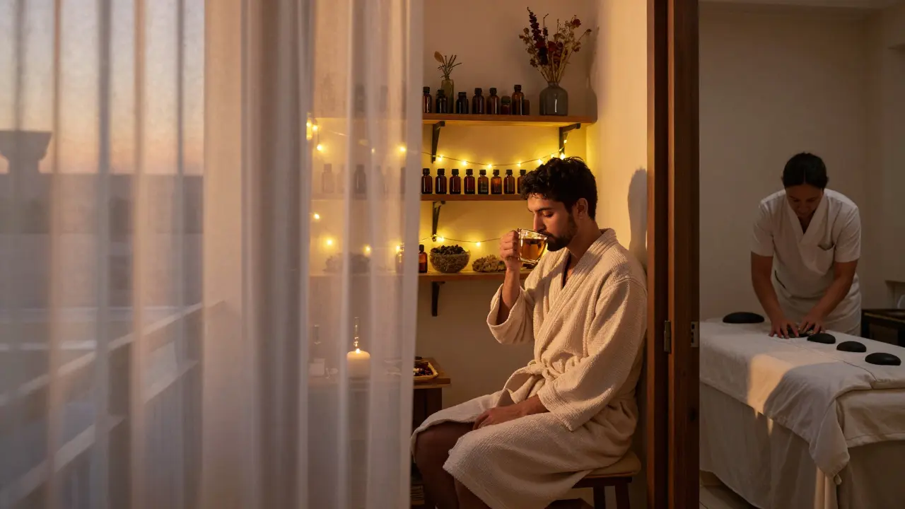 A client relaxing with herbal tea under string lights, surrounded by natural oils and dried herbs in a quiet Dubai spa corner.