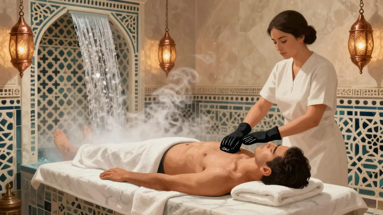 A client undergoes an Arabian Hammam ritual with steam, black soap, and intricate tilework in a traditional spa setting.