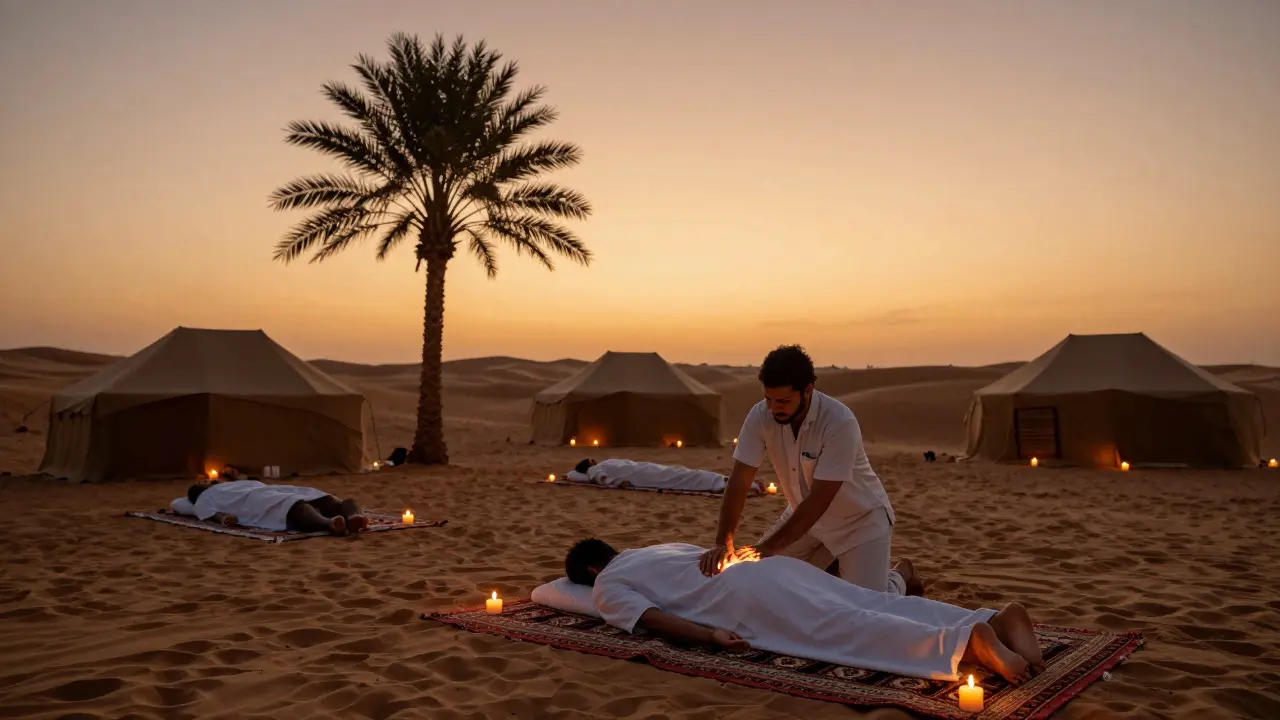 A deep tissue massage in a desert oasis spa at sunset, with candlelight, tents, and frankincense oil under a glowing horizon.