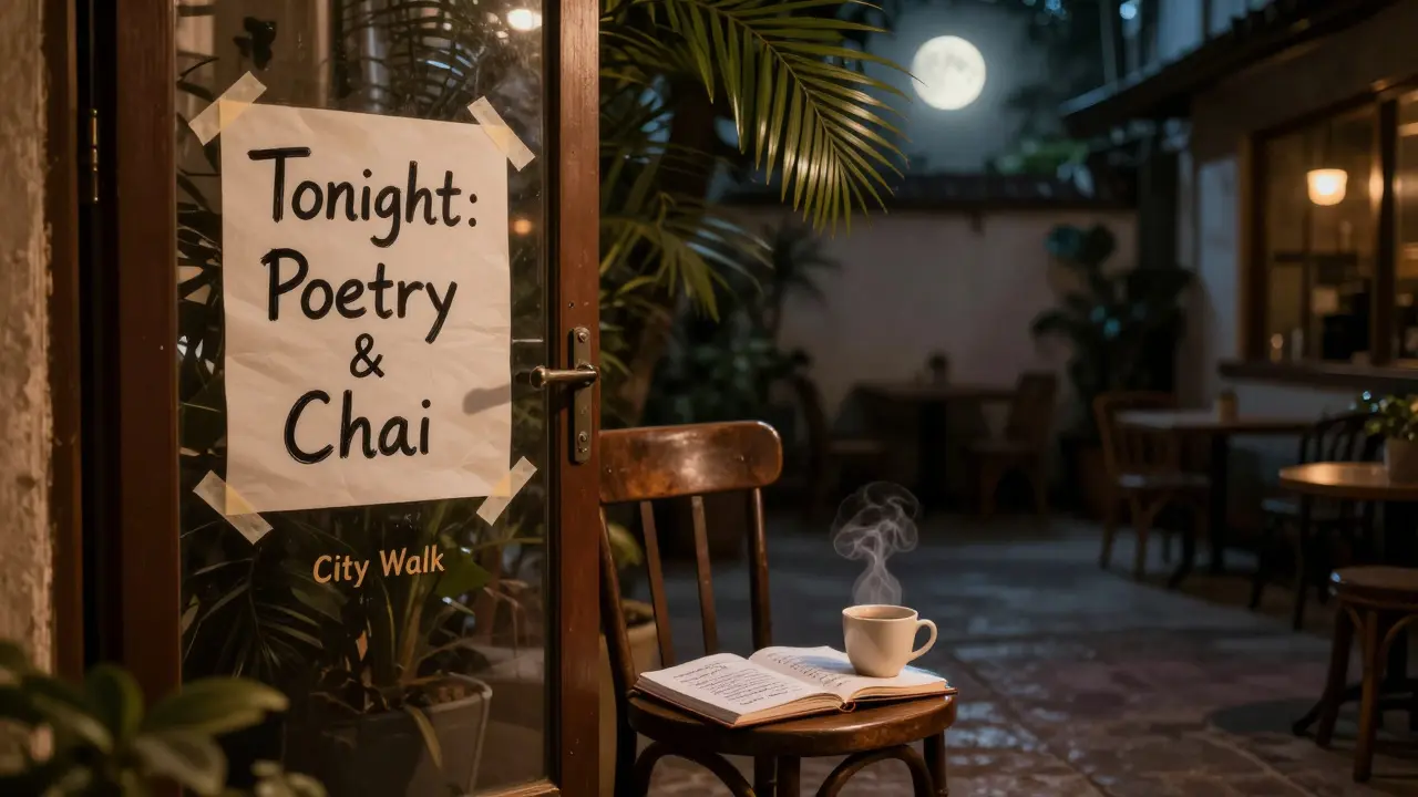 A handwritten sign for poetry and chai outside a quiet City Walk café, a steaming cup and open notebook waiting in moonlight.