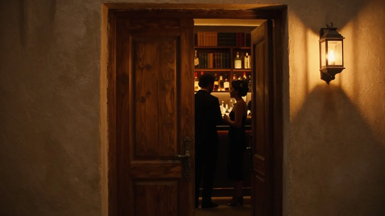 A hidden speakeasy door ajar, revealing warm light and silhouettes of patrons inside.