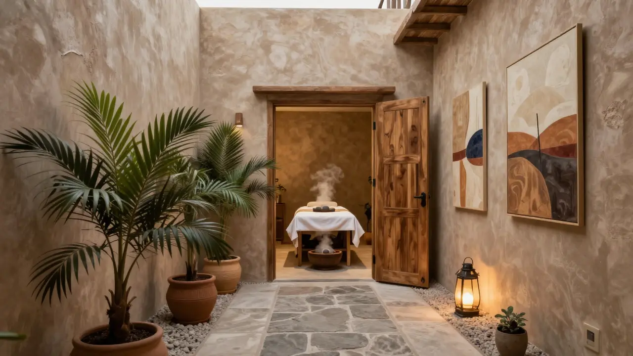 A hidden wellness sanctuary in Al Quoz with palm-lined path and warm stone therapy.