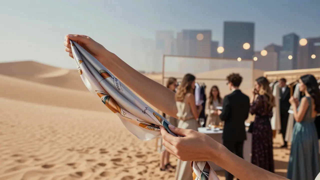 A model's hands holding a scarf, layered with scenes of her daily work across Dubai.