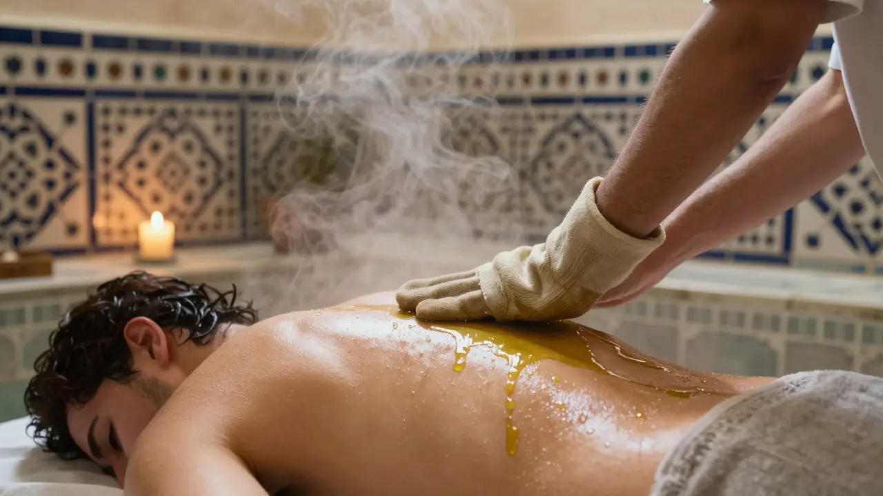 A therapist performing a traditional Hammam exfoliation with steam and warm oil in a tiled, candlelit chamber.
