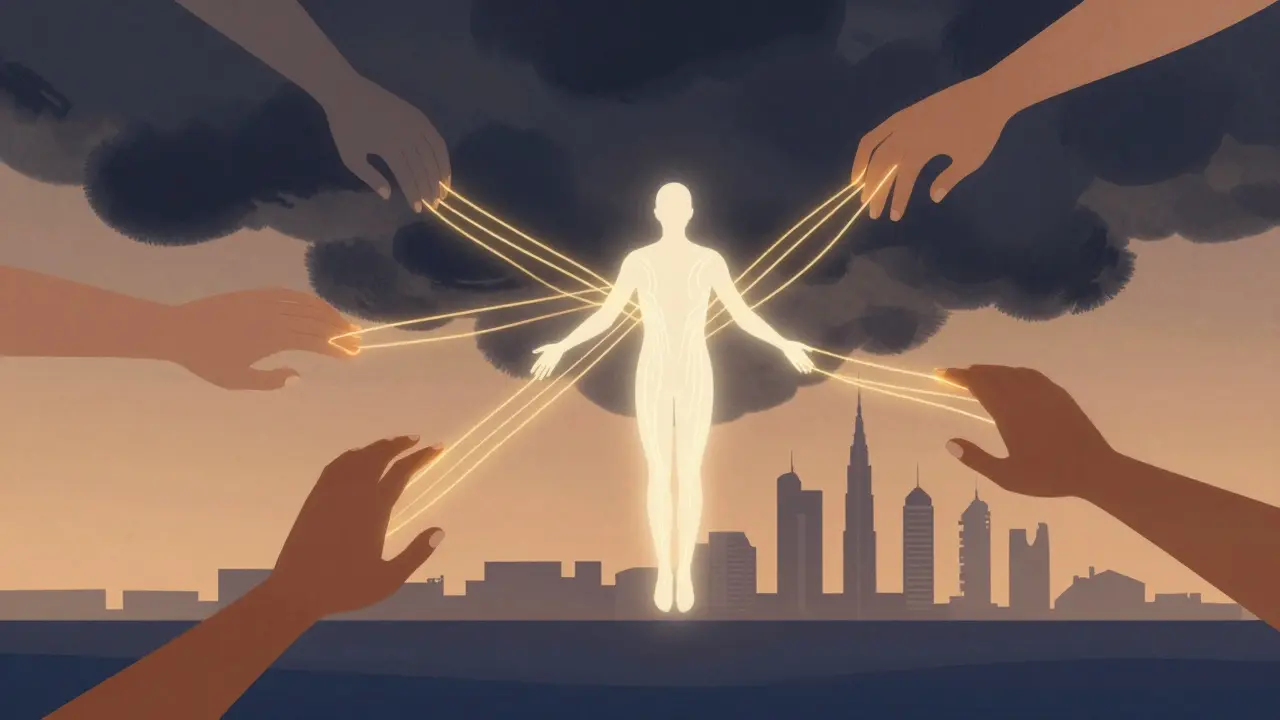 Abstract representation of energy lines releasing stress from a human body, with Dubai skyline in the background.