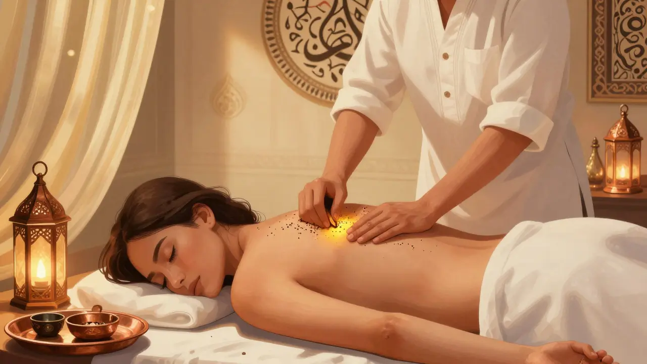 An Arabian Nights Massage with therapist applying warm scented oil, lanterns, and traditional decor creating a calming atmosphere.