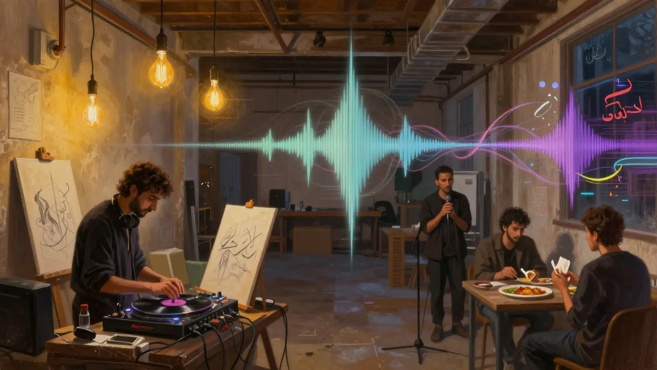 An art warehouse after party in Dubai where music, painting, and poetry blend under warm lights.