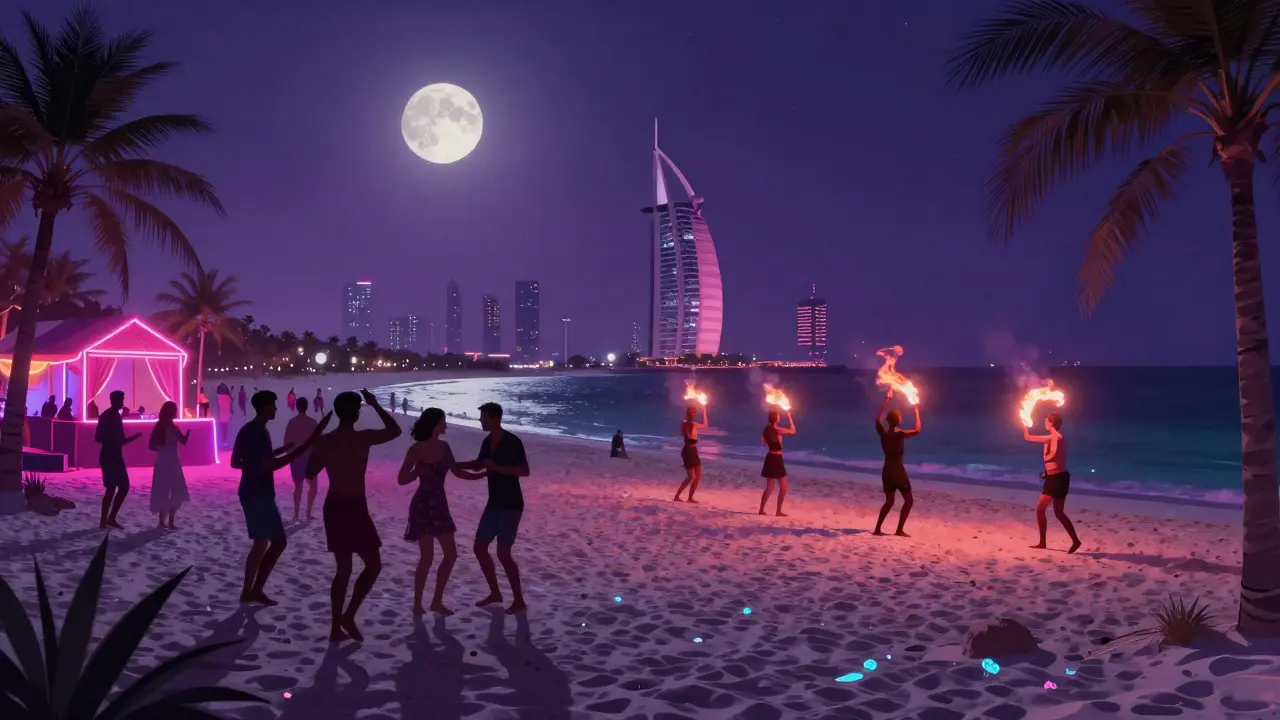Beach club at midnight with people dancing on sand under neon lights and fire dancers near the ocean.