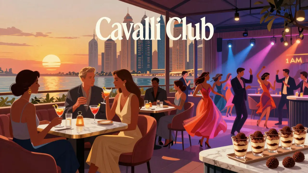 Cavalli Club's twilight transition from elegant sunset lounge to energetic nighttime party.