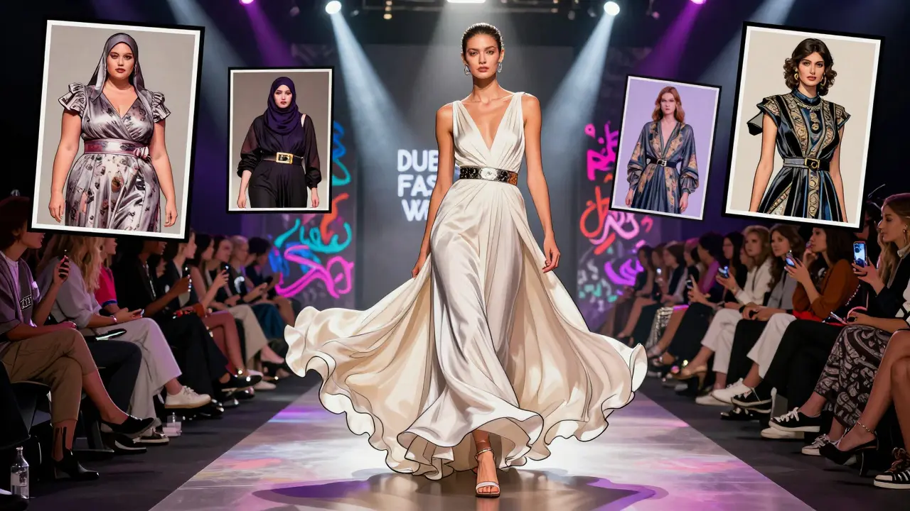 Comic-style runway scene with multiple model types in dynamic poses, Dubai Fashion Week backdrop.