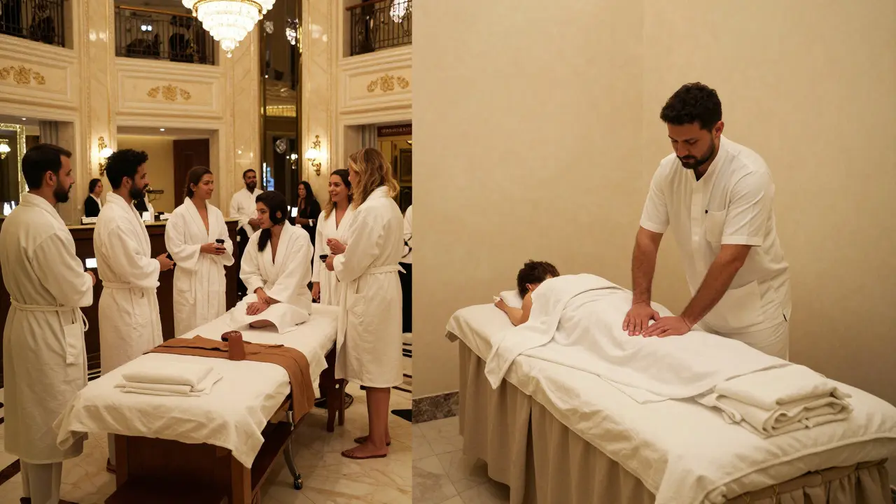 Contrast between a busy hotel spa and a calm local massage center in Dubai.