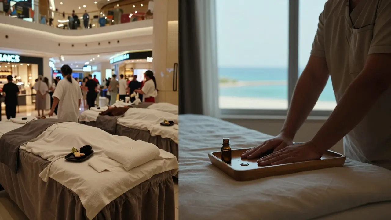 Contrast between a busy mall spa and a serene ocean-view massage room in Jumeirah.