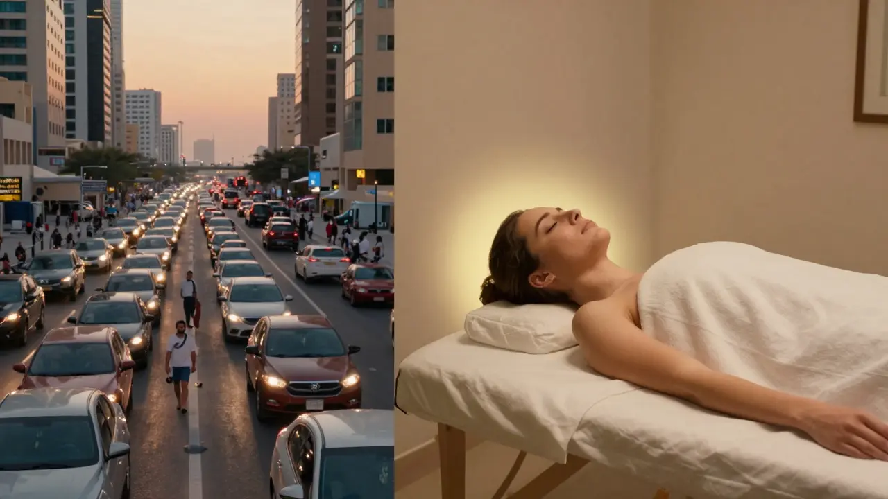 Contrast between busy Dubai traffic and peaceful home massage experience.