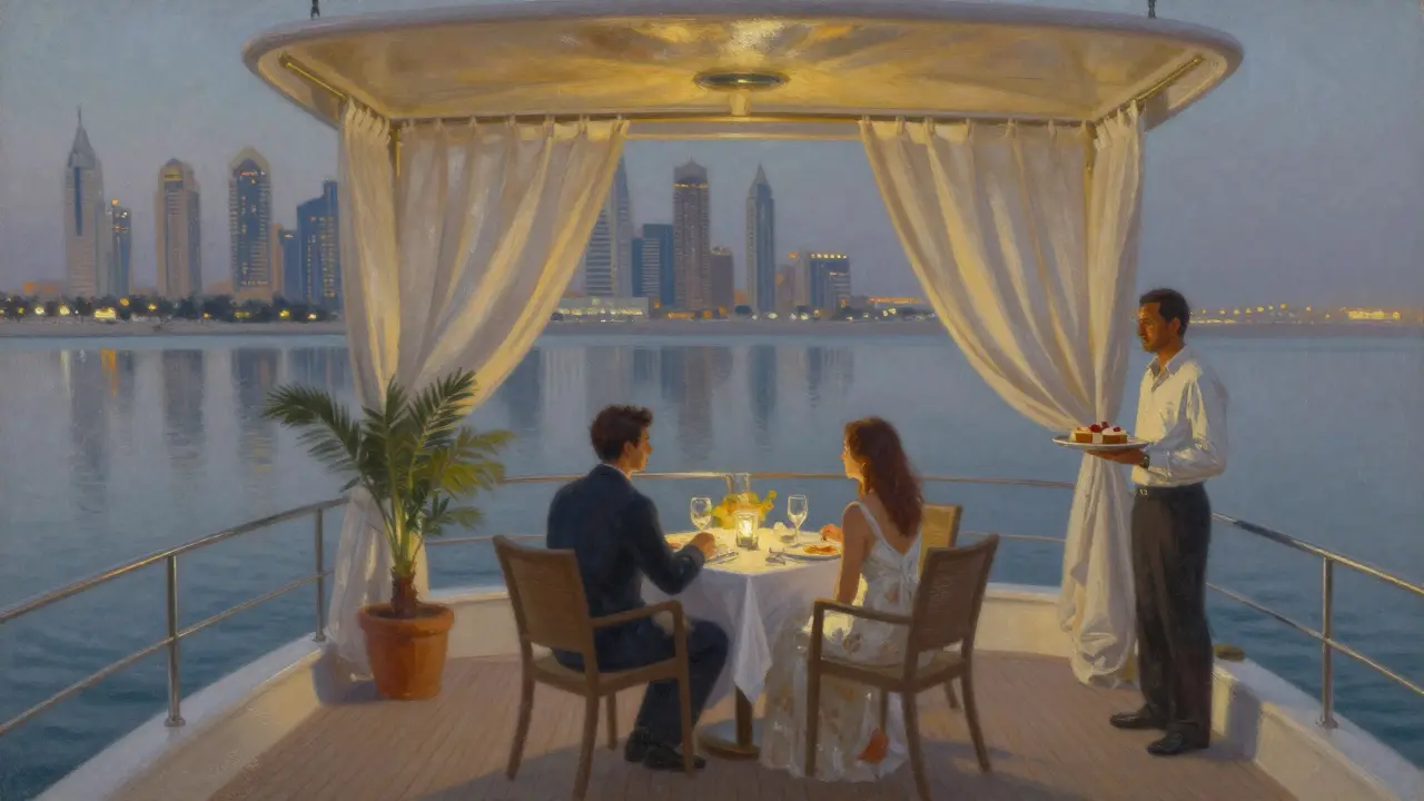 Couples intimate dinner on yacht at twilight, candlelit table with city lights in background.