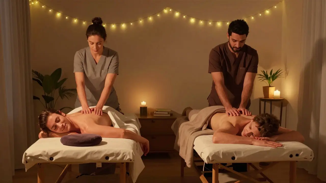 Couples receiving side-by-side home massages in a cozy bedroom, relaxed and at peace.