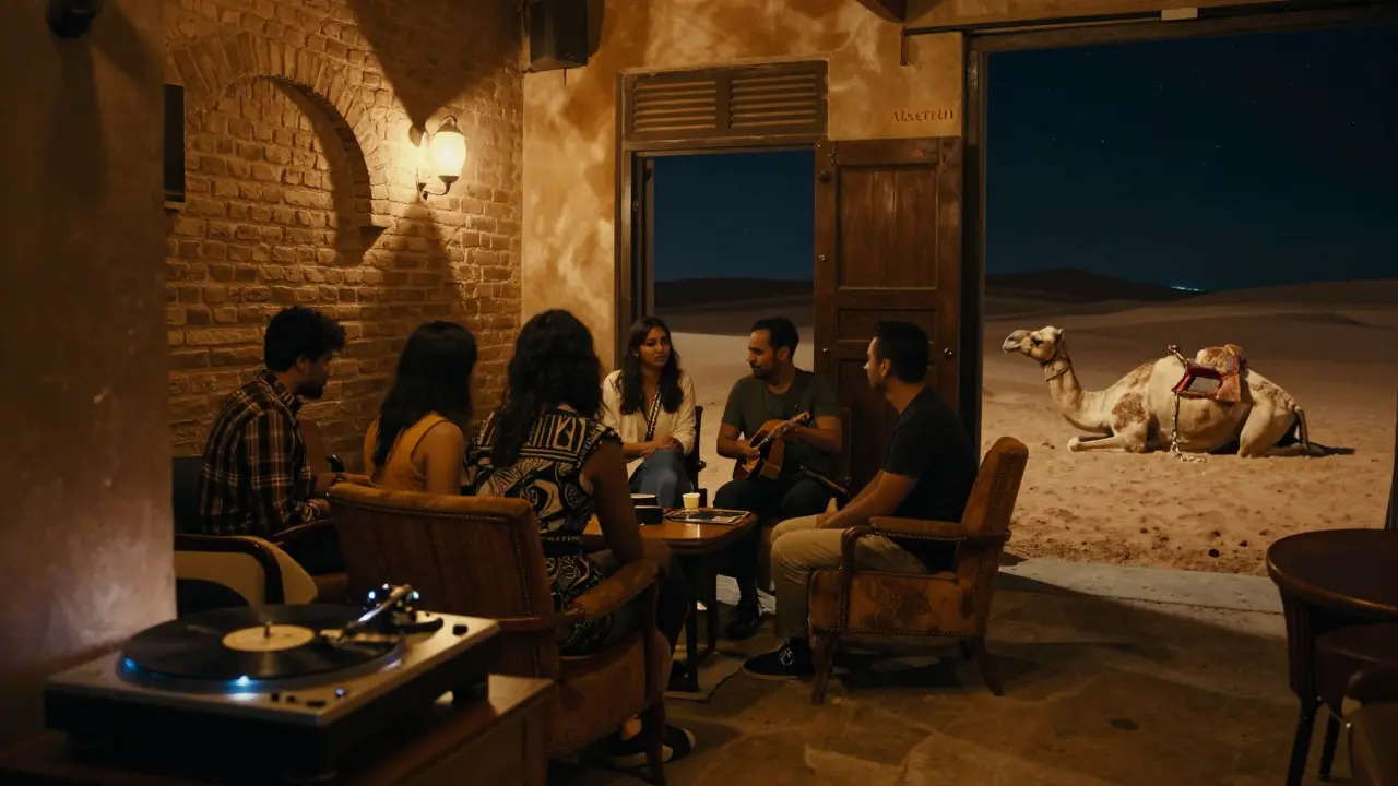 Cozy underground jazz lounge in Alserkal Avenue with vinyl records, soft lighting, and a sleeping camel outside.